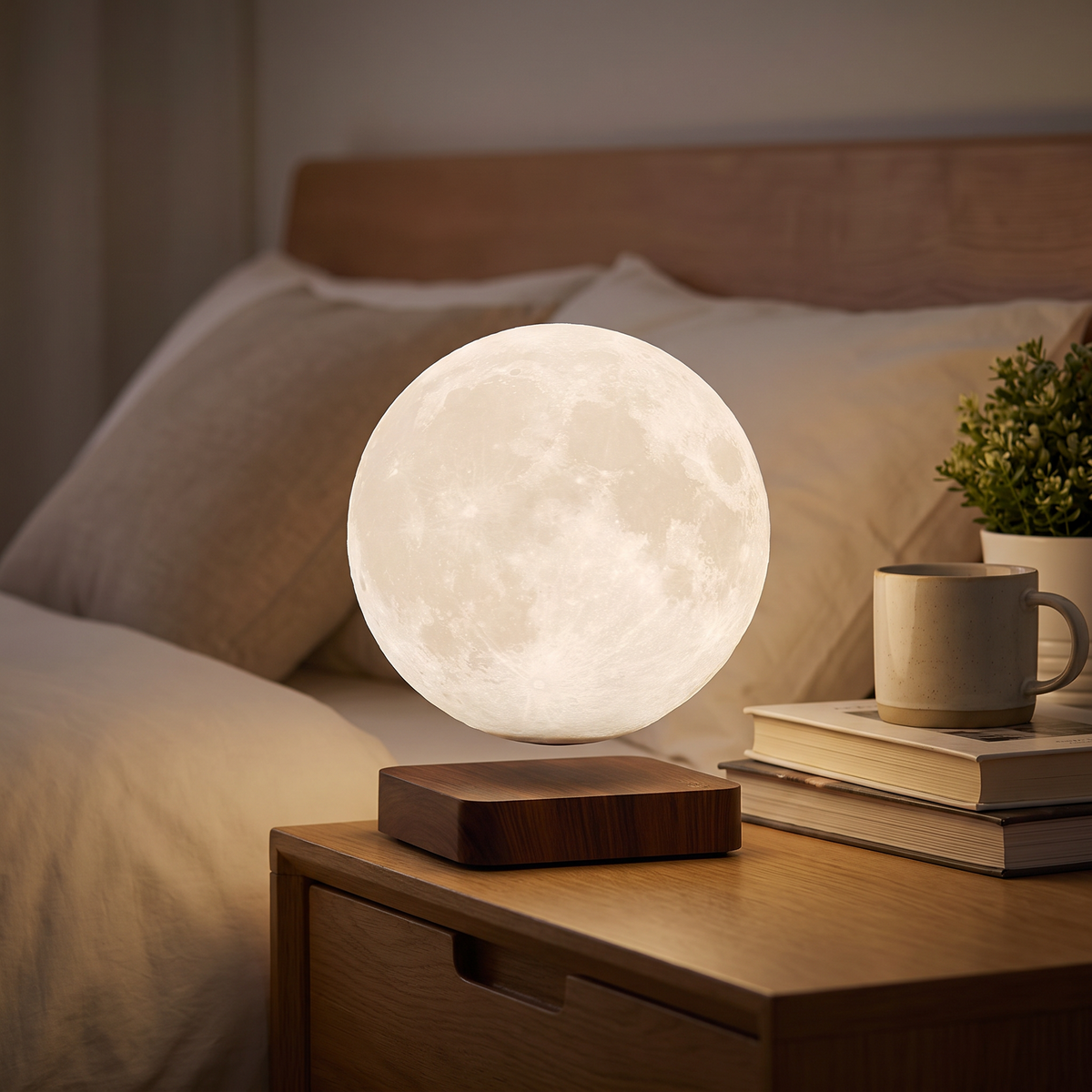 Levitating moon lamp on a bedside table