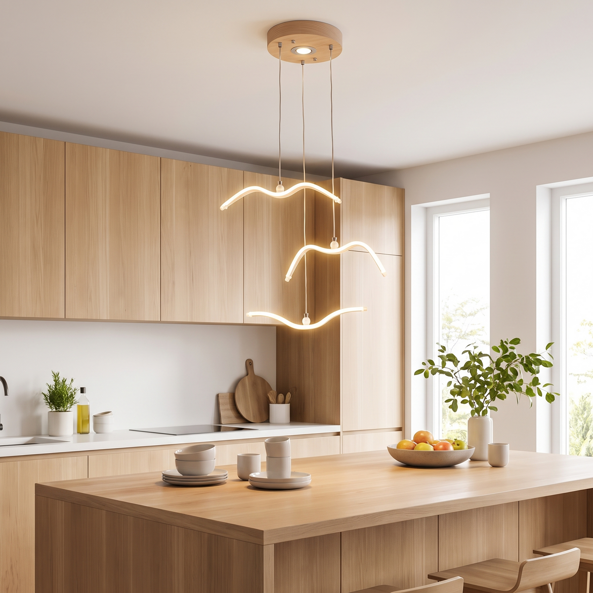 LED bird chandelier above a kitchen island