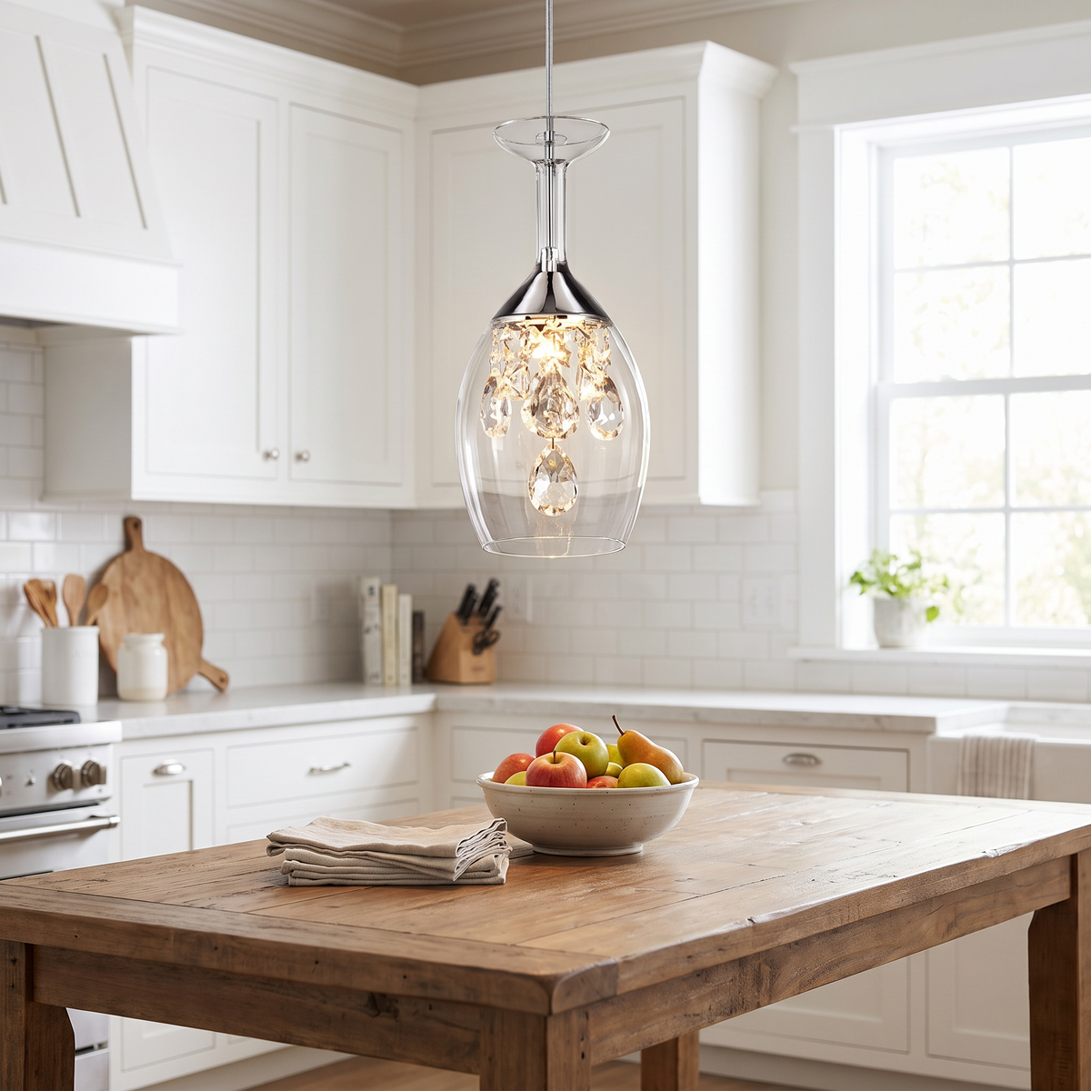 Crystal pendant light above a kitchen island